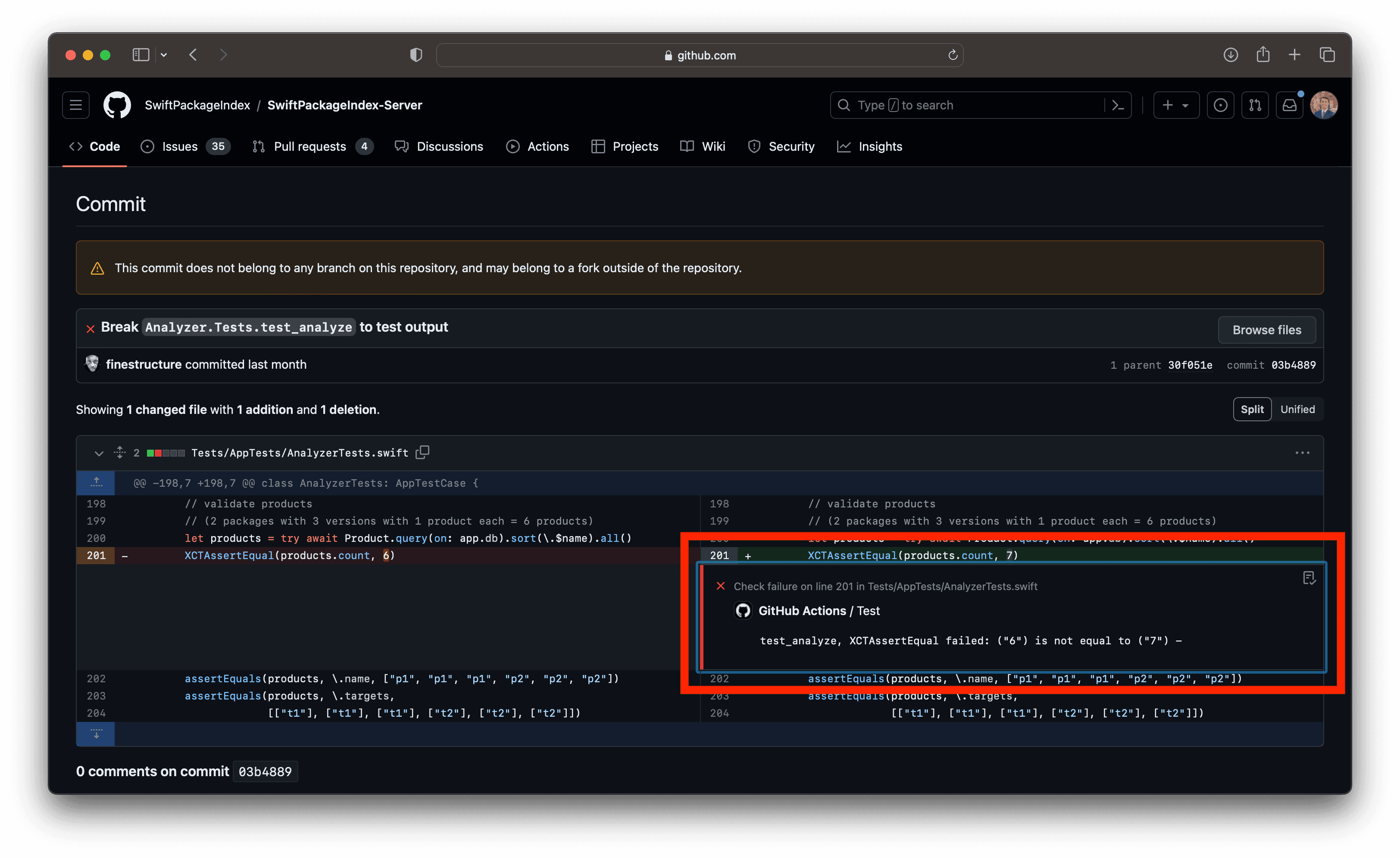 An image that shows a GitHub Actions run with an inline xcbeautify comment.